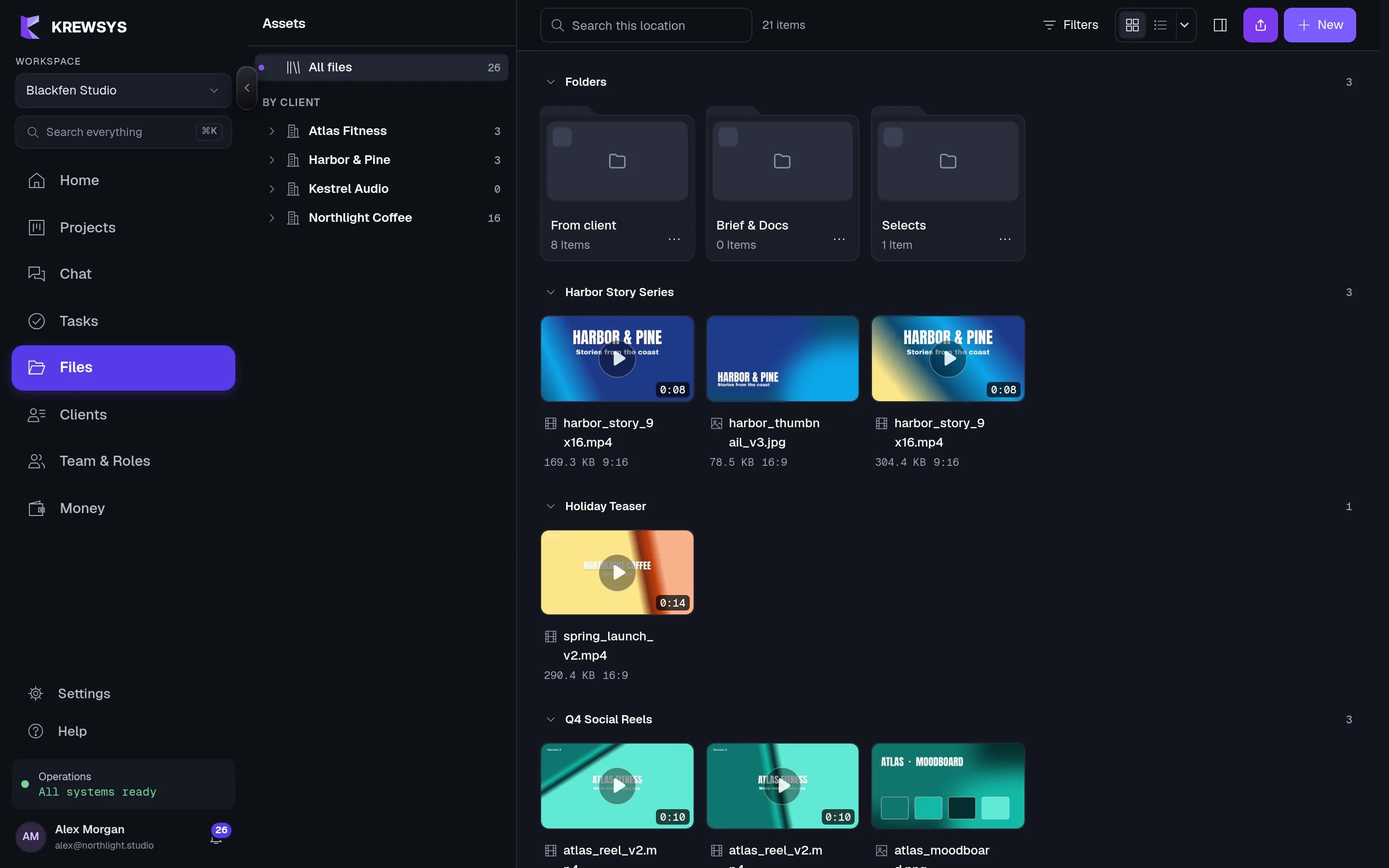 Files browser: client folders, video and image thumbnails with durations, stages and sizes