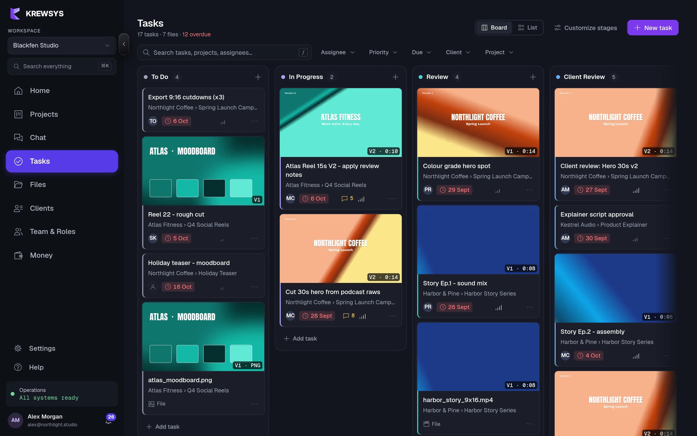 Tasks board with To do, In progress, Review, Client review and Revisions columns and cut thumbnails